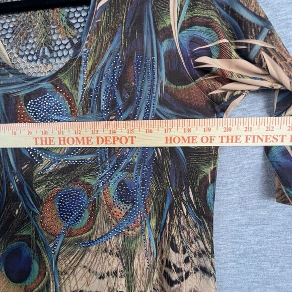 Patchington Womens Blouse Medium 3/4 Sleeve Peacock Feather Crochet Sparkle Boho - Picture 8 of 8